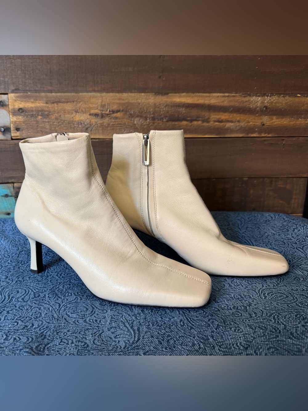 Zara Cream Leather Square Toe Ankle Boots Kitten Heel Size 39 US 8.5 Minimalist